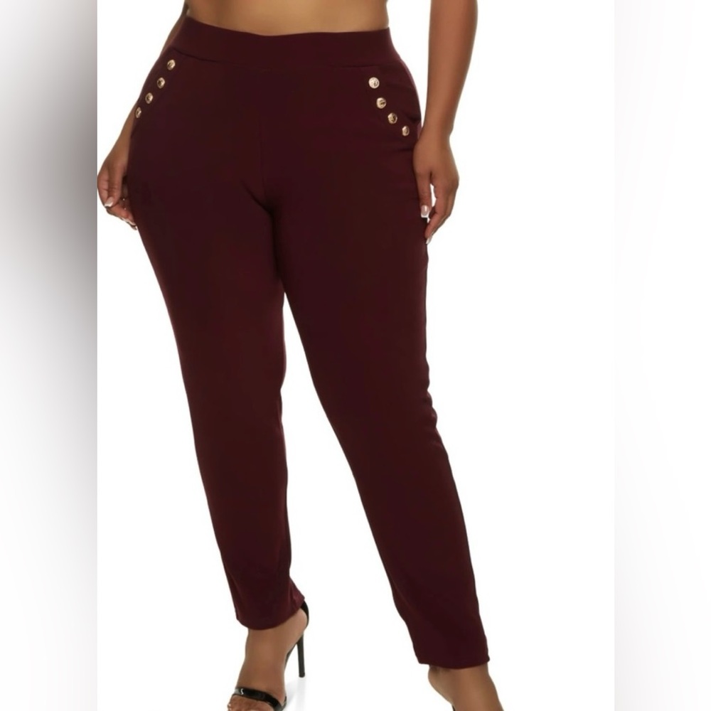 Plus Size Scuba Button Detail Pocket Pants - Burgundy